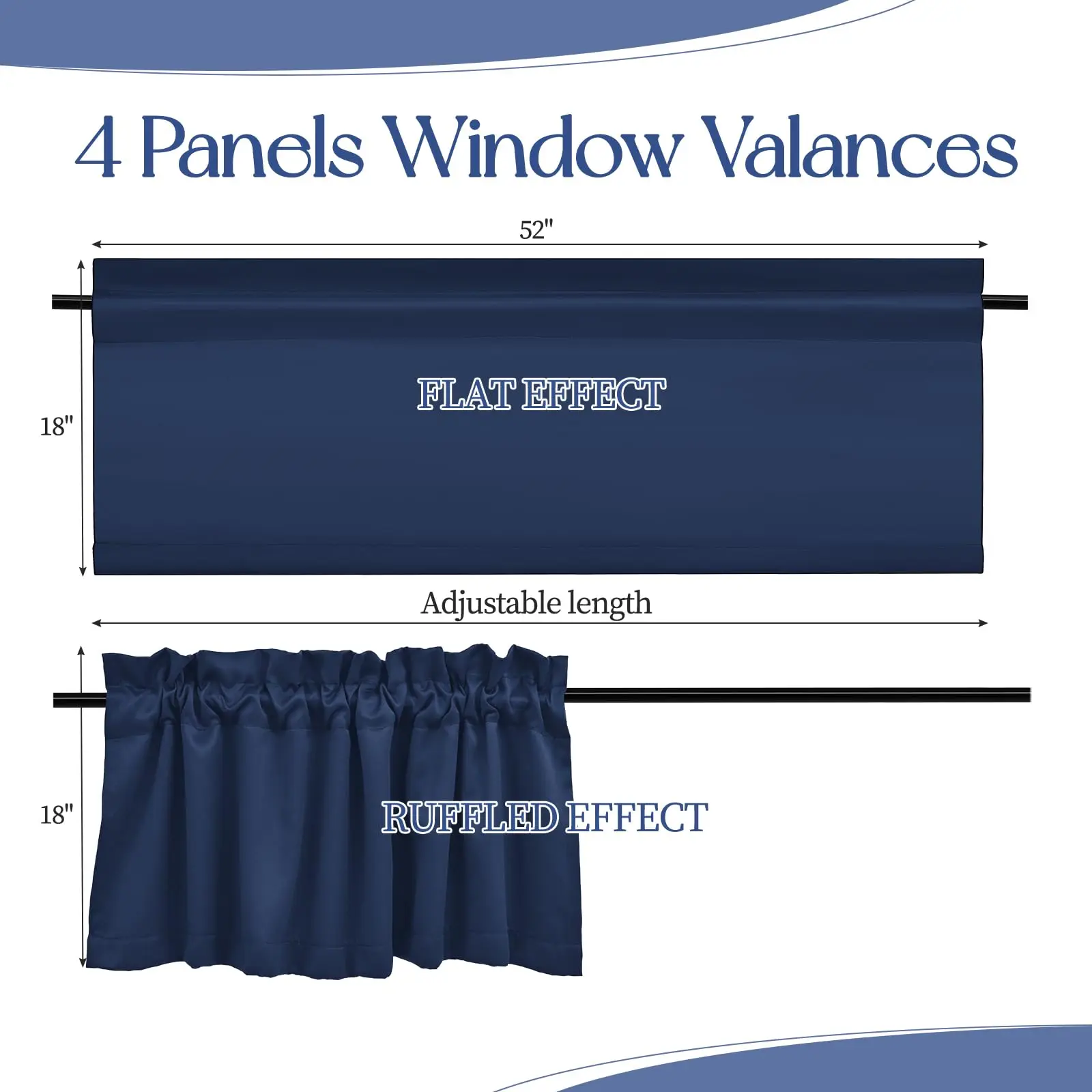 4 Panels Blackout Curtain Valances  Kitchen Navy Blue Valances for Windows Rod Pocket Short Curtains for Small Window