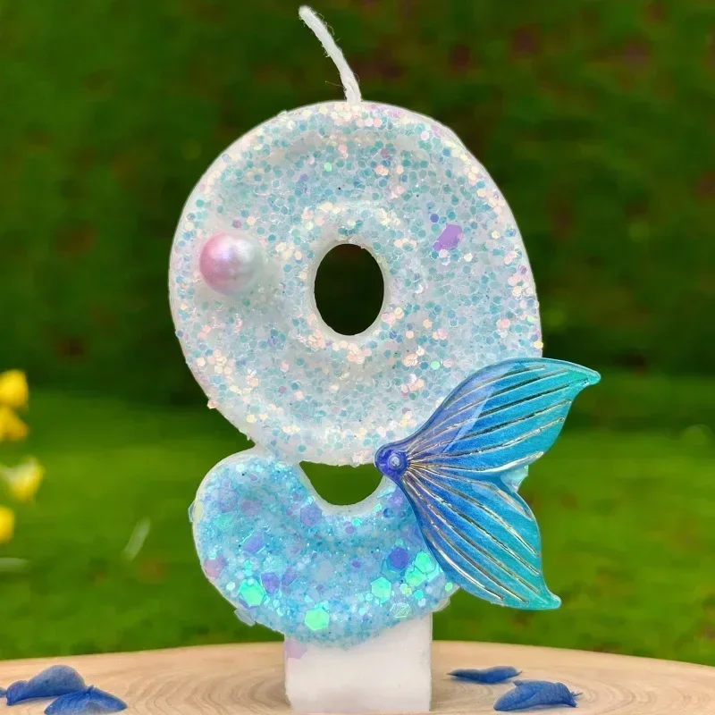 رقم عيد الميلاد 0-9 شموع كعكة حورية البحر ذيل بريق شمعة الديكور DIY لوازم الخبز للاحتفال بالذكرى السنوية للزفاف