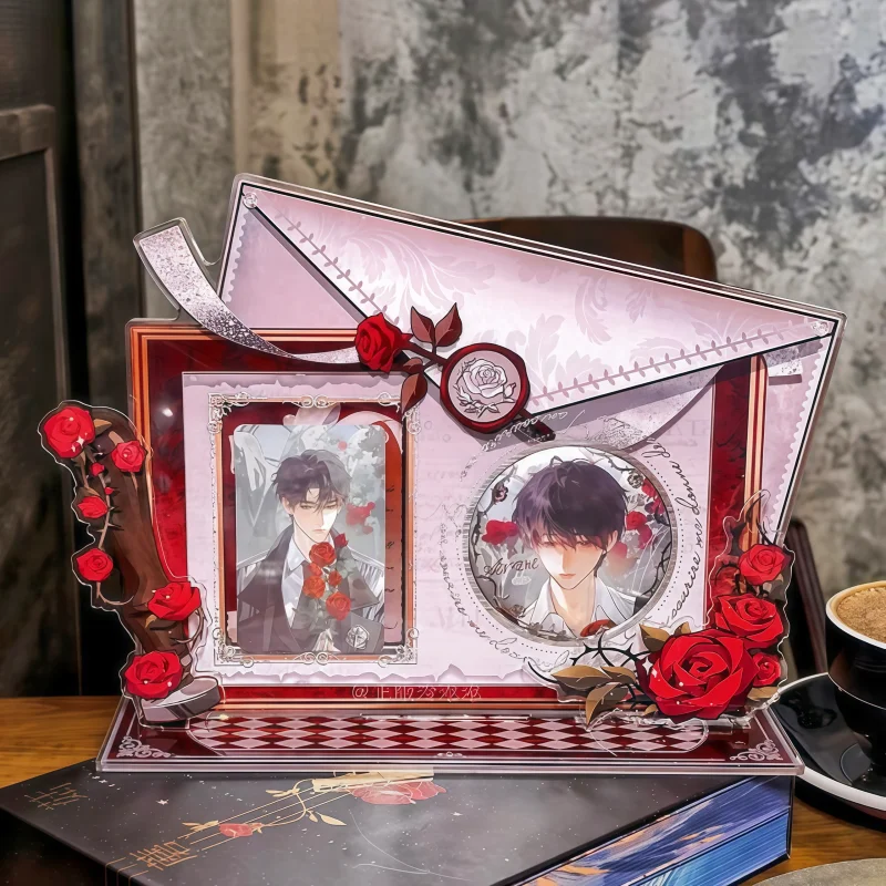 Love Letter Series 3.5inch Card &75mm Badge Frame Acrylic Dual Slot Vintage Rose Envelope Pattern Display Stand, for Desk Decor
