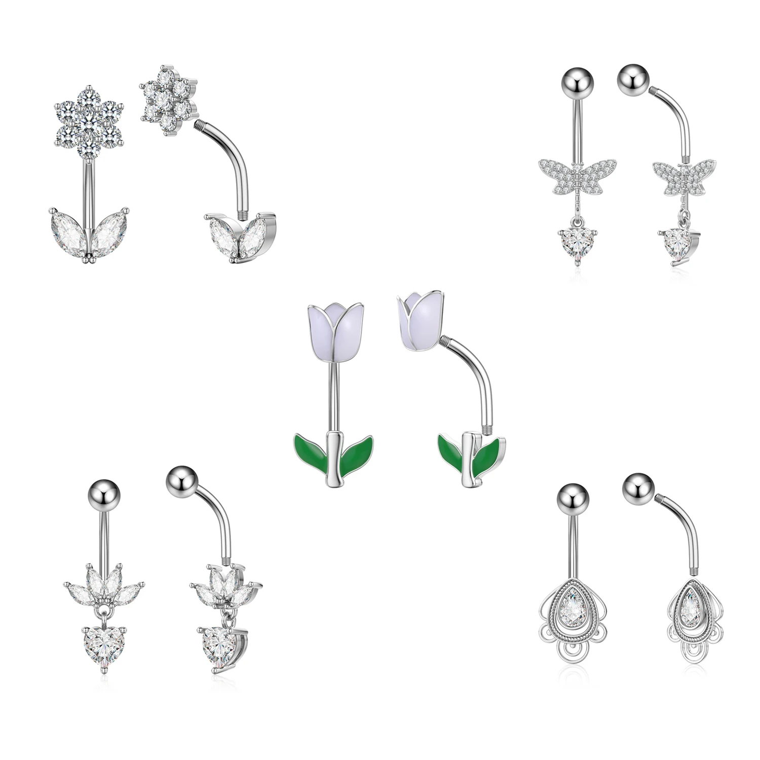 Anéis De Umbigo De Aço Inoxidável Para As Mulheres, Piercing No Umbigo Jóias, Borboleta, Asa, Flor, Zircão, Dangle