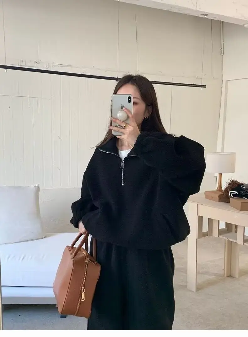 

Корейский зимний флисовый спортивный костюм 2025 года, женский свитшот на молнии с капюшоном, джоггеры с эластичной резинкой на талии, комплект из двух предметов