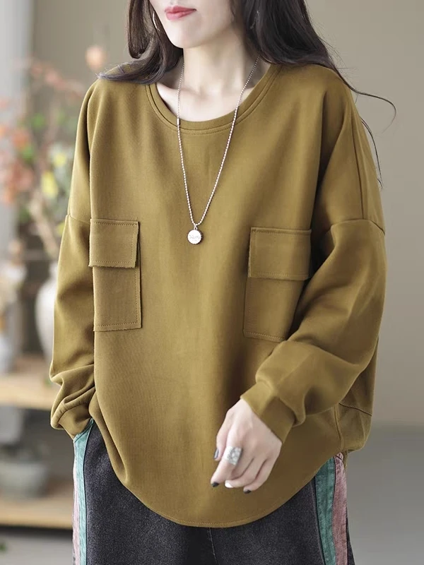 

Slimming Color Faion Double ket Long Sve round Ne Loose Casual Versatile Base Layer T-irt for plus Size Women