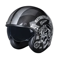 DOT Skull Pattern Carbon Fiber 3/4 Motorcycle Scooter Jet Open Face Helmet Retro Motobike Half Helmet With Inner Visor