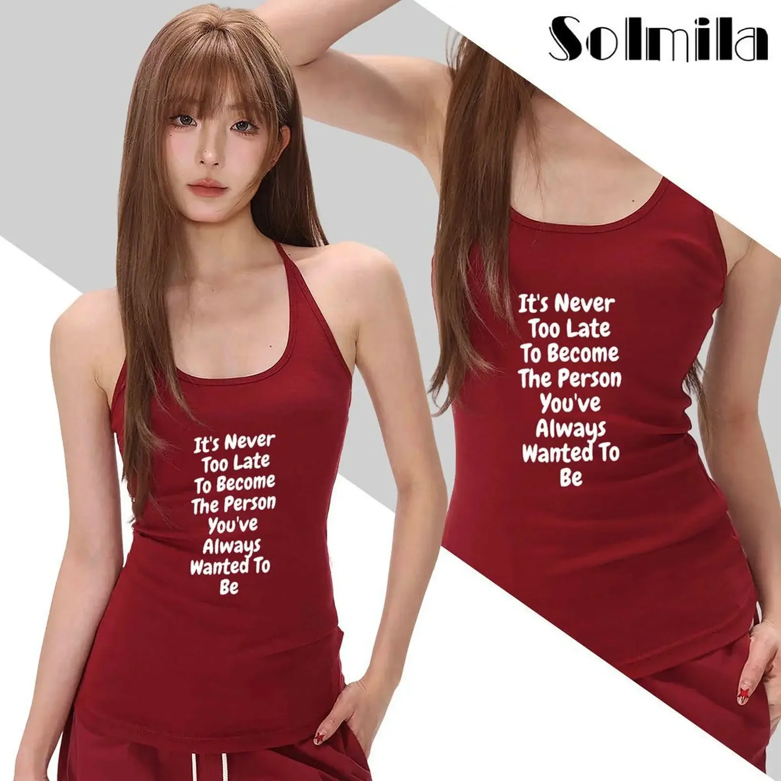 

Summer Women's T Shirt Summer Burgundy White Letter Print Sleeveless Halterneck Casual Vest Y2k Clothes Crew Neck Tops