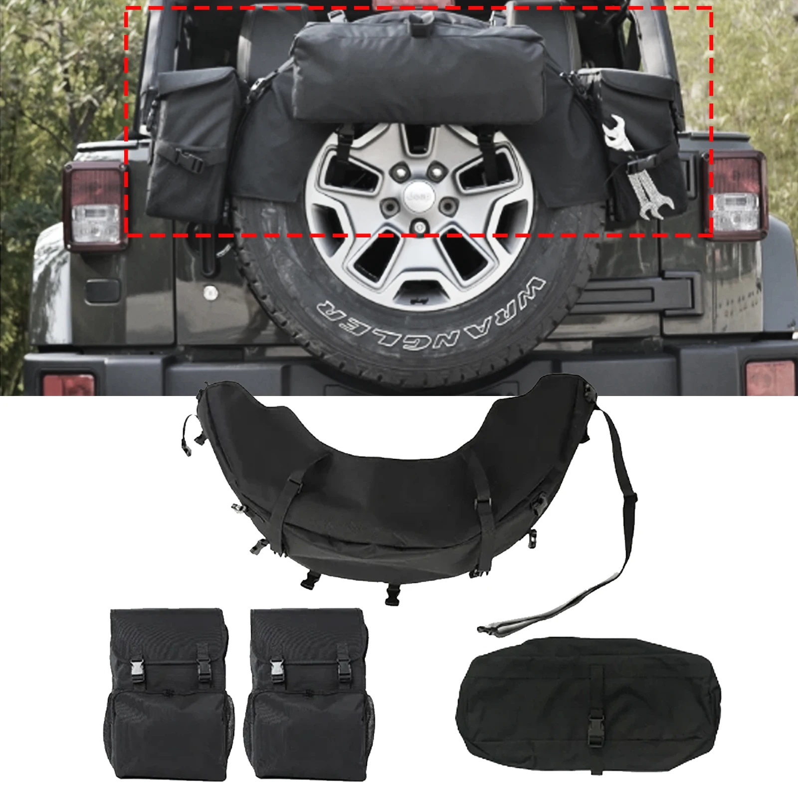 

Car Rear Spare Tire Storage Bag Tool Kit Cargo Organizer Bags Accessories fair Saddlebag for Jeep Wrangler 2007-2018 JK JKU JL