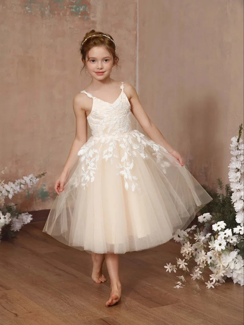 Baby Girl Princess Flower Girls Dresses Strap V Neck Infant Toddler Child Tulle Lace Party Wedding Birthday Gowns