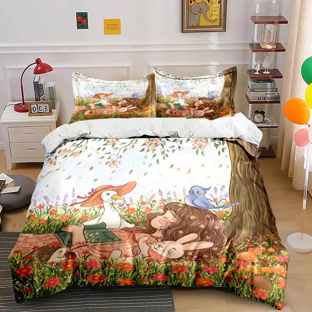 

Girl resting with animals under tree Pattern Duvet Cover Set Digital Print Colorful Polyester Bedding with Zipper Closur