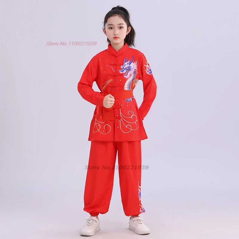 

2025 chinese children kungfu wushu clothing martial arts kung fu set wing chun shaolin dragon print training exercise practice