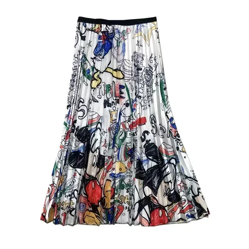 Disney Women's Summer Skirt Cartoon Printed Midi Long Skirts Vintage Casual Young Girl Plus Size Thin Pleated Falda Femme