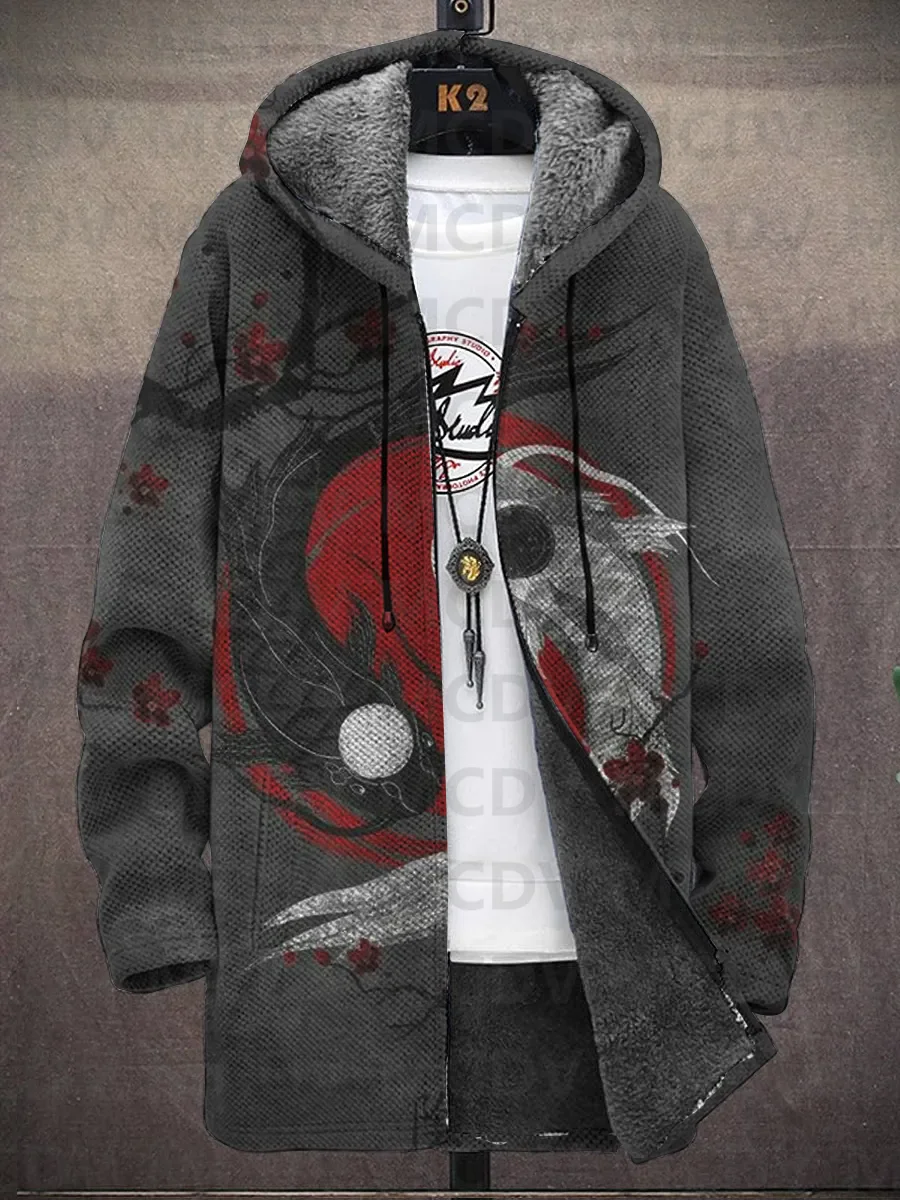 Men\'s Japanese Style Crane Print Hooded Two-Pocket Fleece Cardigan Jacket