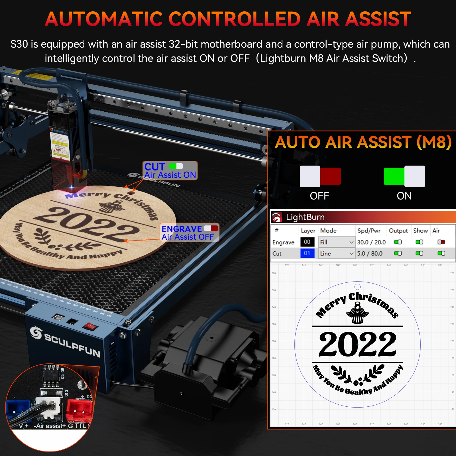 Imagem -03 - Gravador a Laser Sculpfun com Sistema Automático de Assistência a ar Máquina de Gravação 410x400 mm S30 Pro Max S30 Pro S30 20w