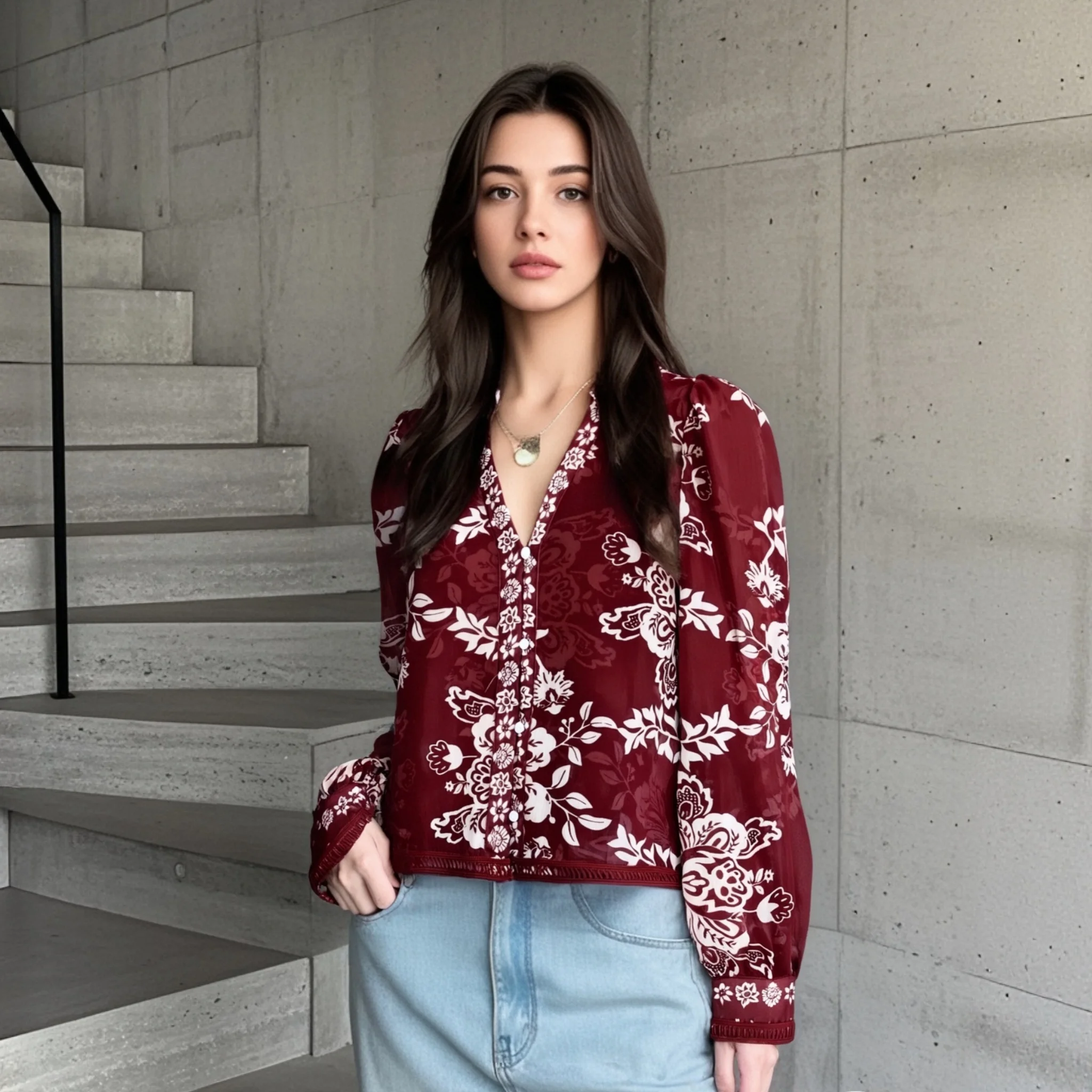 

Ladies Long Sleeve Puff Shoulder Collared Cropped Blouse with Delicate Floral Embroidery for 2025 Ideal for Chic Outfits