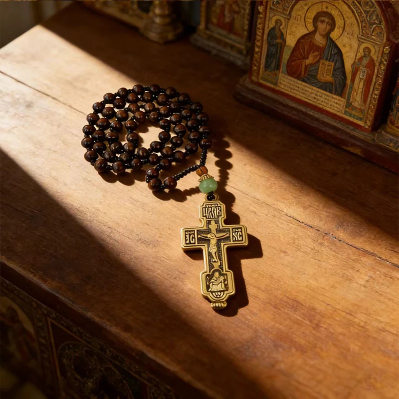 Orthodox Christian Chotki Dark Brown Wooden Prayer Beads With Bronze Crucifix And Green Jade Bead For Daily Prayer And Meditatio view 4