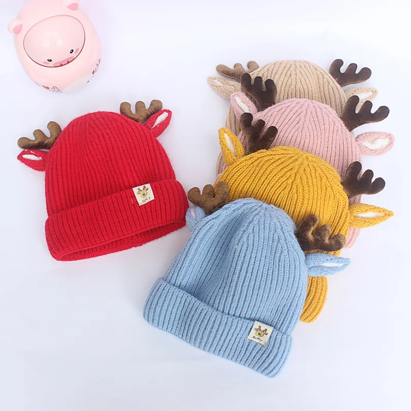 Cartoon Deer Baby Beanie Cap Solid Color Elk Antlers Knitted Hat for Toddler Boy Girl Autumn Winter Warm Kids Pullover Hats