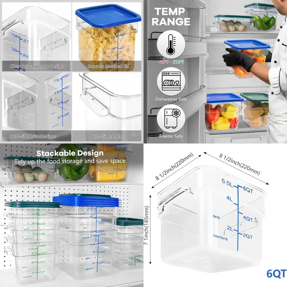 

Set of 4 Blue-Lid Square 6.0 Qt Clear Polycarbonate Food Containers for Kitchen and Party Use