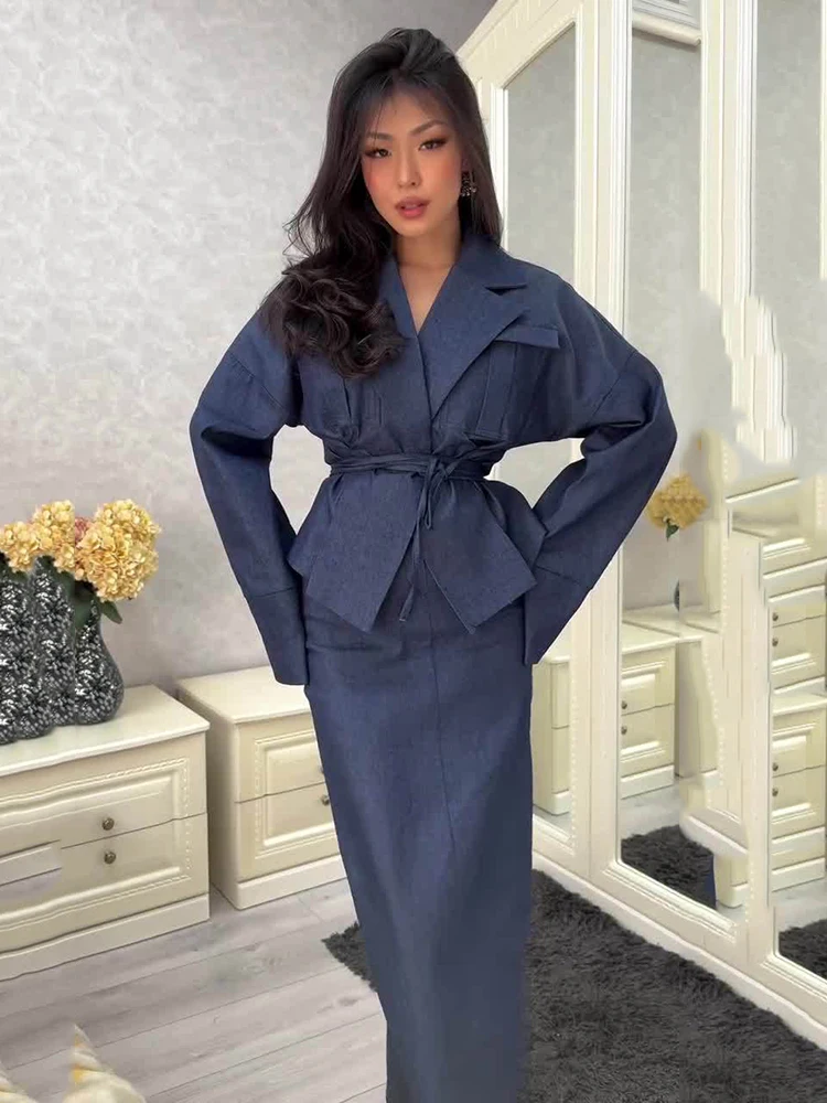 

Fashion Casual Lace Up Cardigan Outfit Spring Women Long Sleeved V Neck Top+High Waist Straight Bust Skirt Autumn Two Piece Set