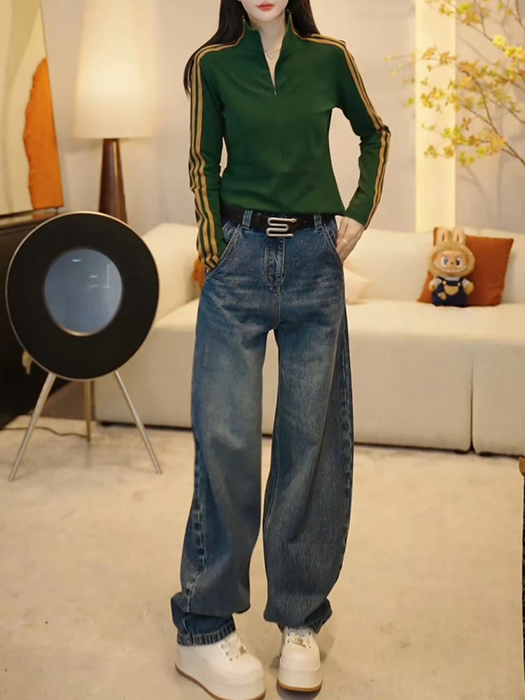 

Повседневный комплект из двух предметов: футболка с длинным рукавом в полоску и джинсы. Женский модный дизайн, весна-осень, дышащий, с высокой талией, V-образный вырез.