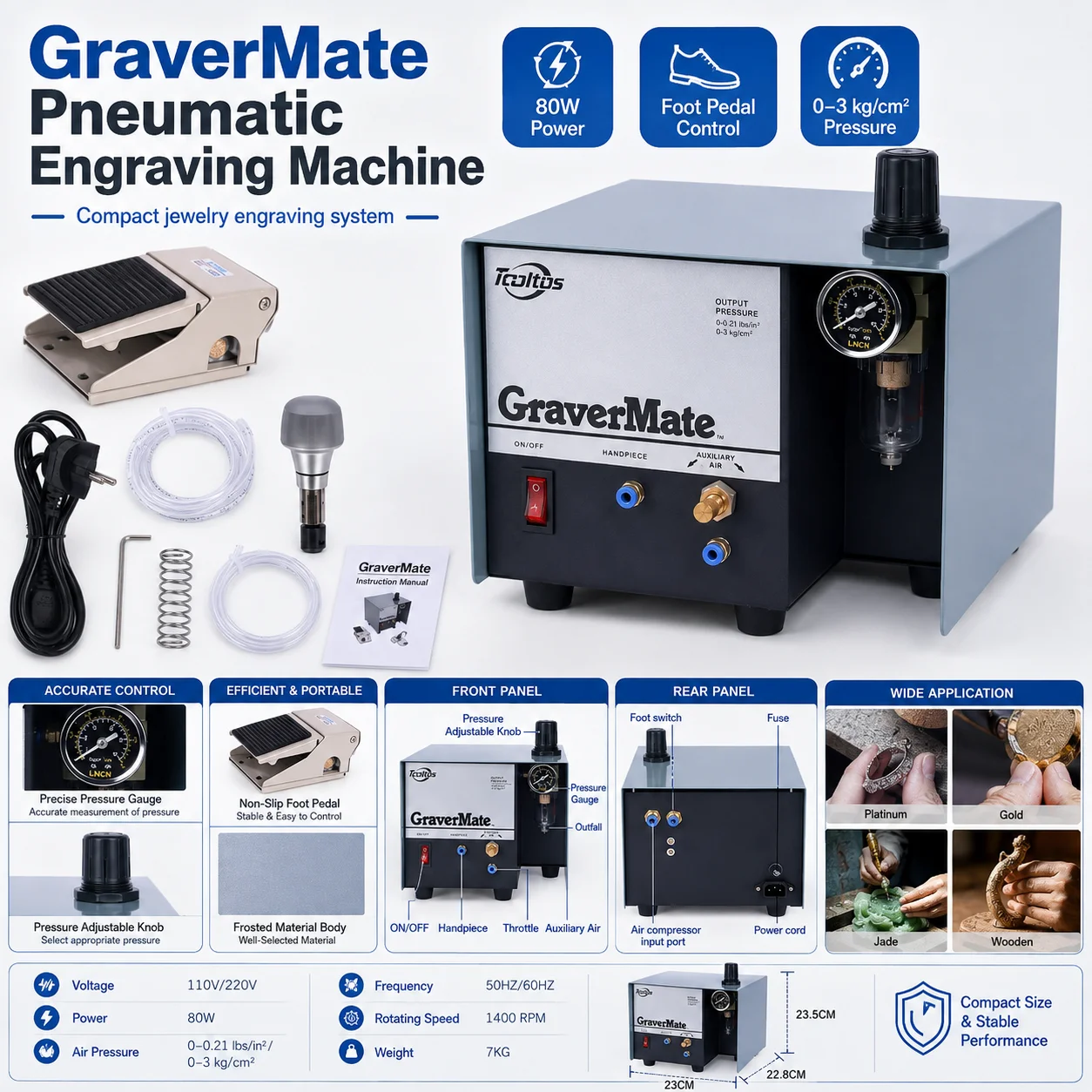 TOOLTOS 80W Pneumatic Jewelry Engraving Machine 1400RPM 0-43 PSI Foot Pedal Graver for Stone Setting Metal Carving 110V 220V