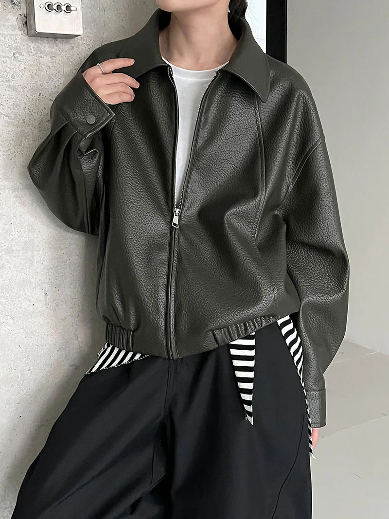 เสื้อแจ็คเก็ตหนังมอเตอร์ไซค์แบบลำลองมีซิปสำหรับผู้หญิง แขนยาว รุ่นใหม่ ฤดูใบไม้ร่วง 2025