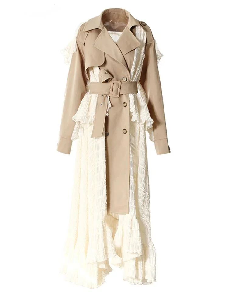 Women Khaki Lace Ruffles Big Size Long Trench New Lapel Long Sleeve Windbreaker Fashion Tide Spring Autumn