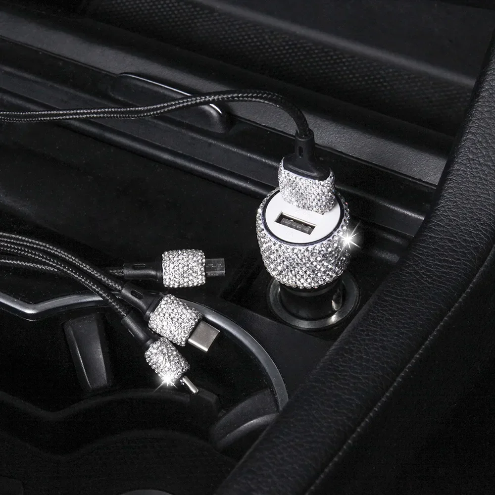 USB Car Charger Pink Crystal Diamond 5V 2.1A Dual Port Fast Charging Adapter 3 in 1 Charging Cable for IPhone Samsung Huawei