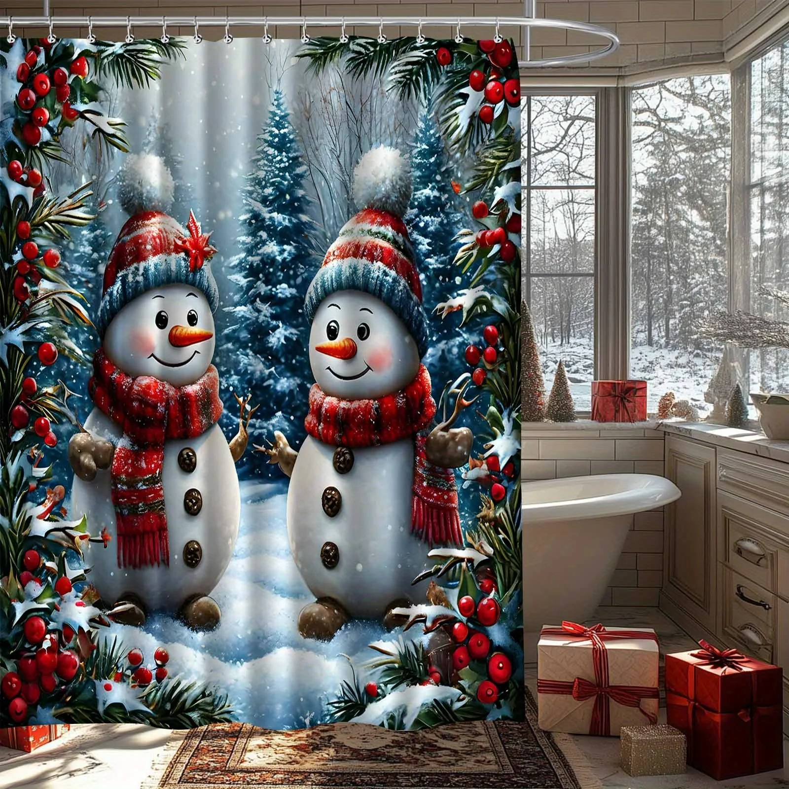 Christmas Snowman Red Fruit Shower Curtain - Festive Winter Scene with Snowmen, Holly Berries & Snowflakes