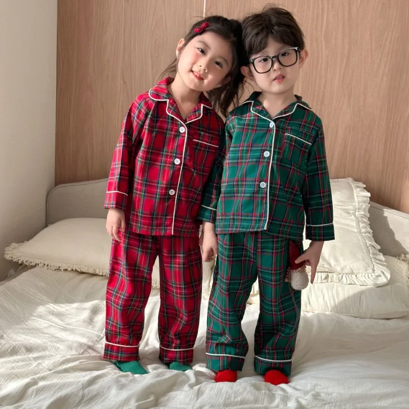 

Korean Style Pajamas for Boys, Checkered Polka Dot Girls, Long Sleeved Set for Home Wear, Made of Pure Cotton and Breathable