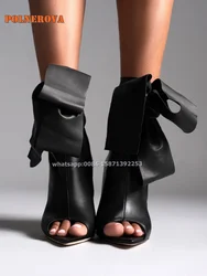 Pointed Open Toe Wrap Tie Ankle Boots Black Leather Zipper Closure Splicing Elegant Women Gladiator Bow Sexy Sleek Modern Booty