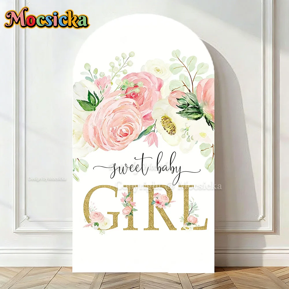 Mocsicka Custom 2-Sided Arch Cover Backdrop Pink Floral Sweet Girl Gold Glitter Background Baby Shower Gender Reveal Party Photo