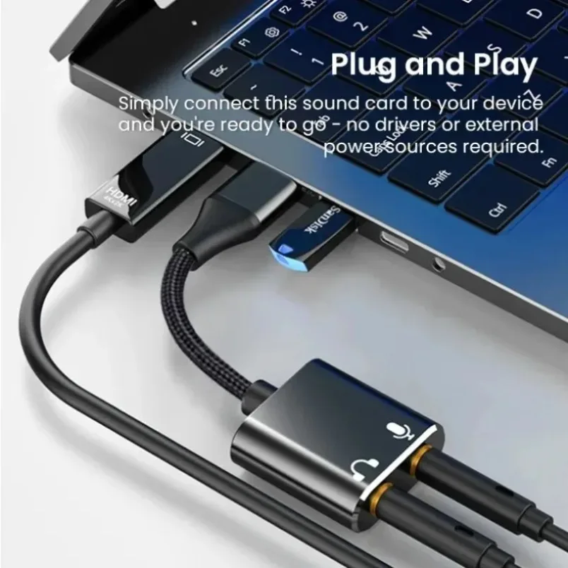 USB Headphone Adapter External Sound Card Dual 3.5mm Jack Mic Audio Converter Noise Reduction for PC Laptop PS4