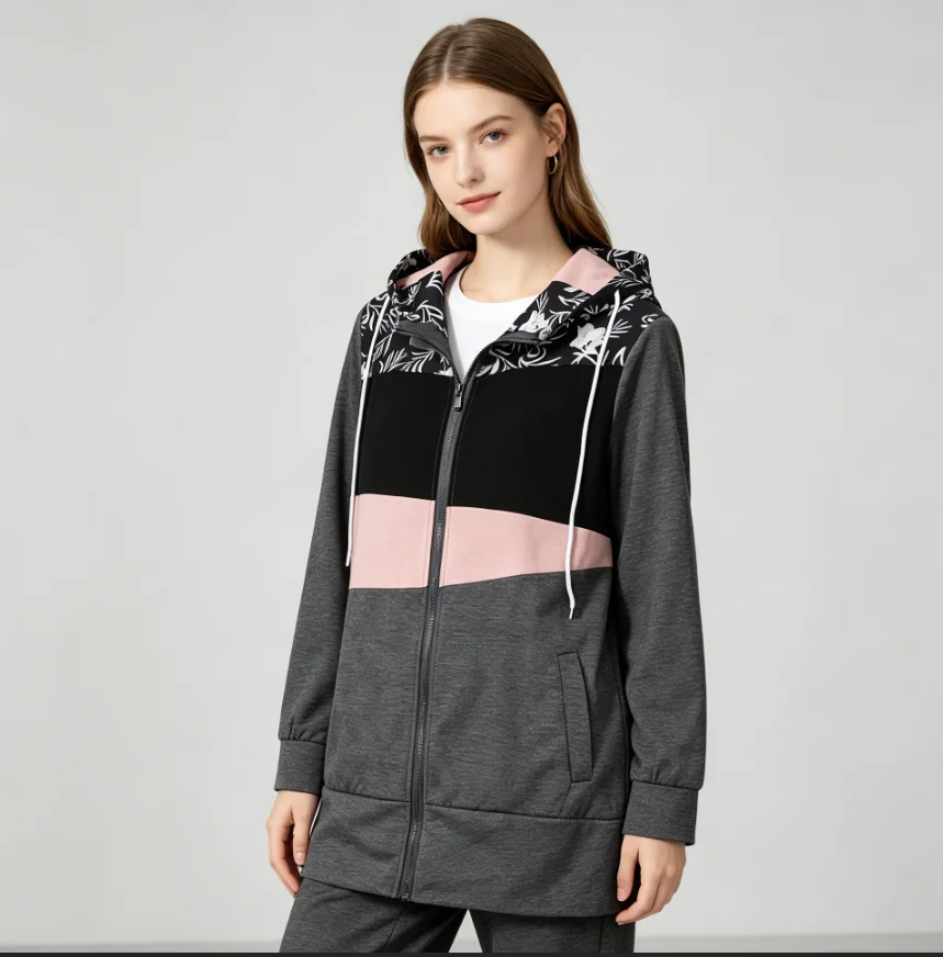 Women's Long-Sleeved Hoodie Zipper Color Collage Print Sweater Jacket New Fashionable Casual Streetwear