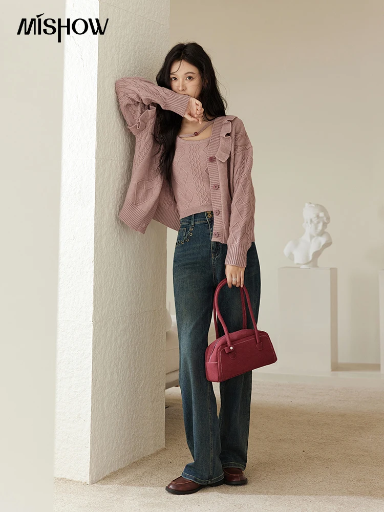 MISHOW Pink Knitwear Camisole Cardigan Separately 2024 Fall Fashion Sweet Knitted Vest Asymmetric Flounce Sweaters MXD45Z0781