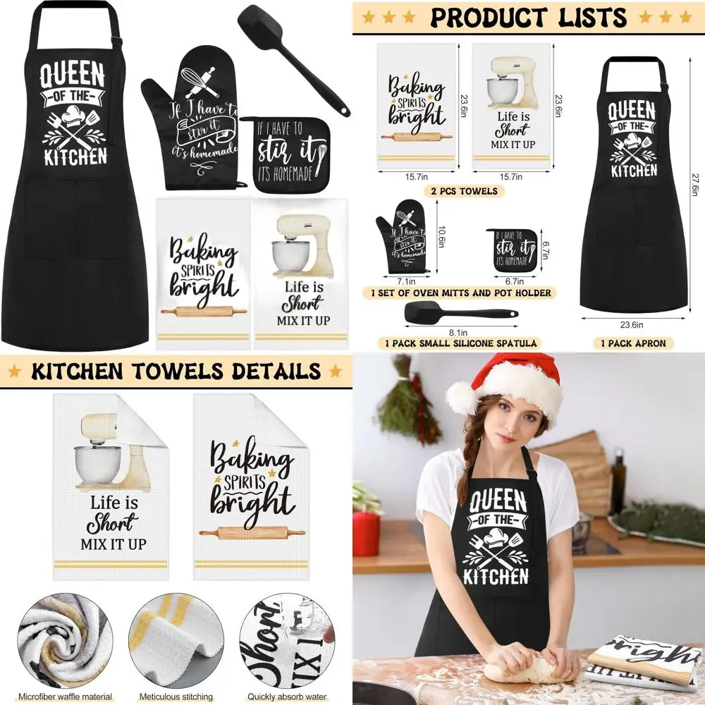 

6-Piece Kitchen Set: Apron, Towels, Mitts, Pot Holders & Spatula for Women's Cooking & Baking
