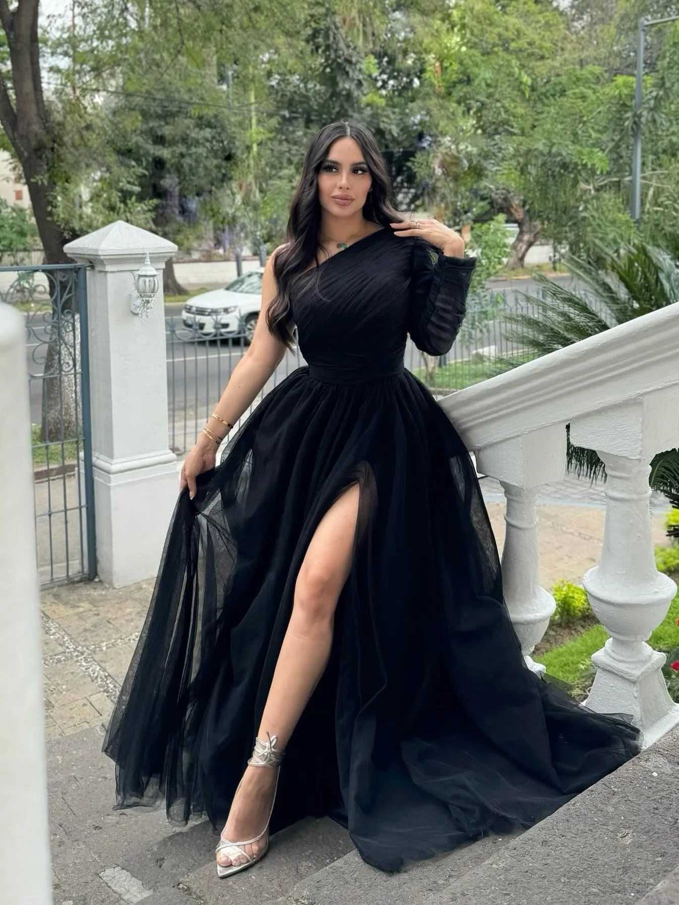 Customized Exquisite Tulle A-Line One Shoulder Evening Dresses Long Sleeves Panel Train Black Bespoke Occasion Gowns Formal