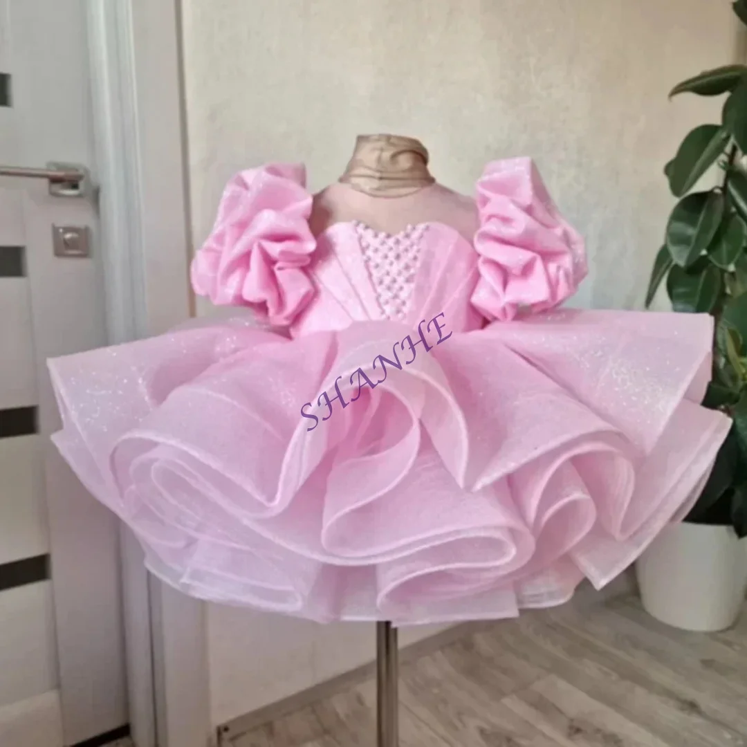 Abiti da ragazza di fiore rosa personalizzati per perle da sposa maniche corte con fiocco gonfio abito da prima comunione per festa di compleanno per bambini