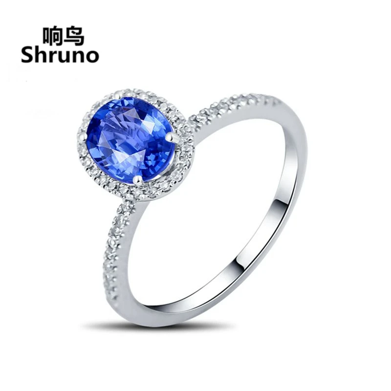 Shruno Solid 18K AU750 White Gold Oval Genuine Sapphires Ring For Women Real Natural Diamond Anniversary Trendy Design Jewelry