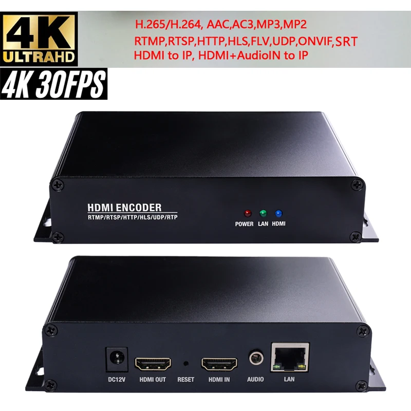 

4K30fps H.265/H.264 HDMI Video Encoder with HTTP m3u8 RTSP RTMP UDP SRT ONVIF Living Stream to IP