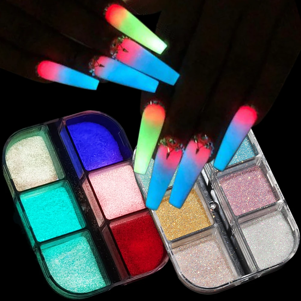 Glow In Dark Nail Glitter Poeder Lichtgevend Pigment Sparkle Suiker Zand Roze Blauw Wit Dompelen Poeder Manicure Decor Vlokken 6G-Syg