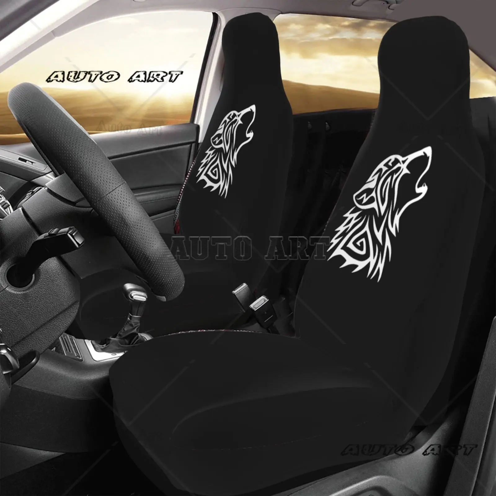 Animal Wolf Head Print Pattern Car Seat Cover Anti Fouling Convenient Protective Cover 2-piece Seat Protective Cover