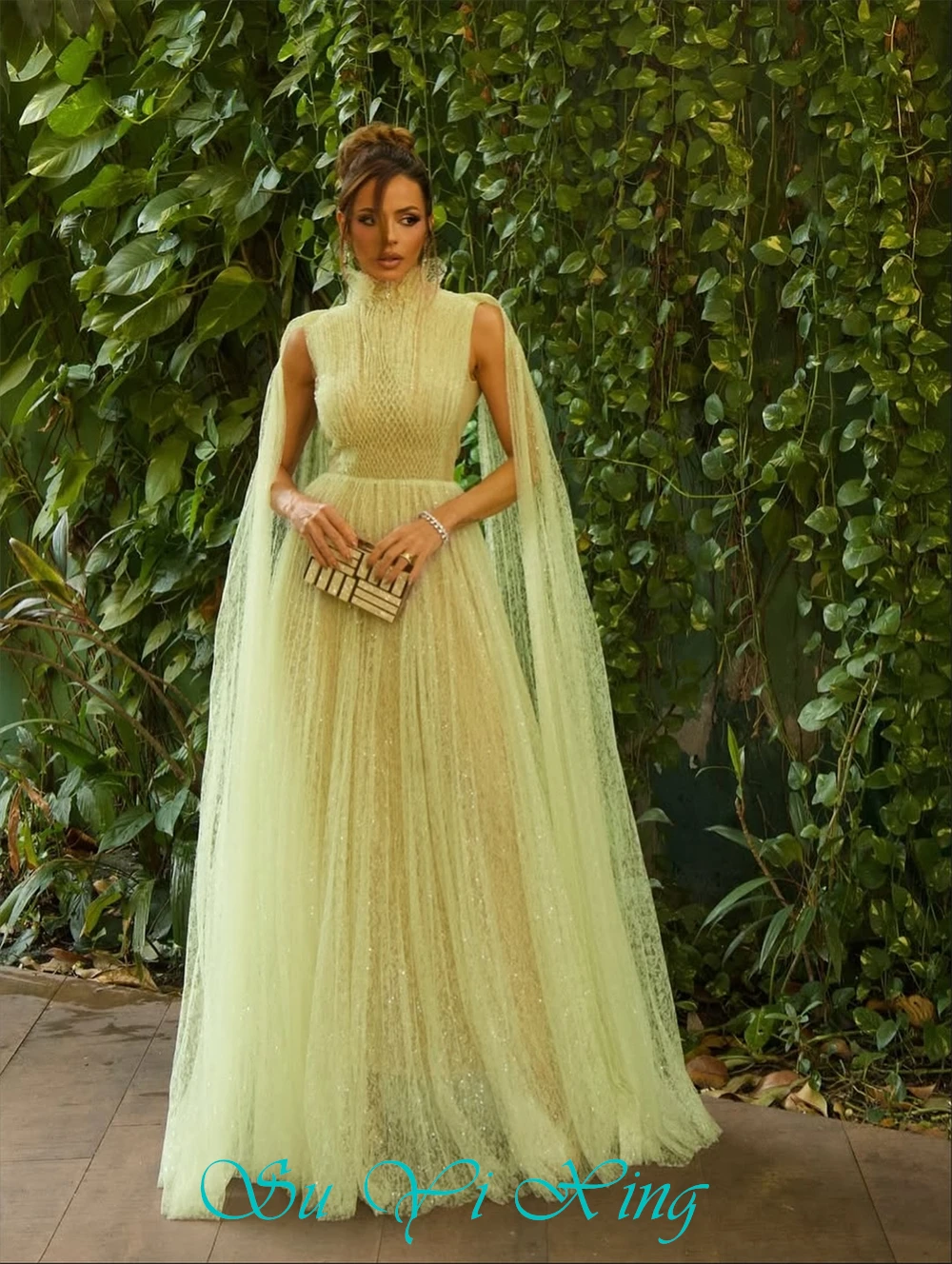 فستان سهرة بوهو أصفر دانتيل مخصص رسمي برقبة دائرية بدون أكمام فساتين المشاهير ناعمة على شكل حرف a سويب تراين فساتين العودة للوطن