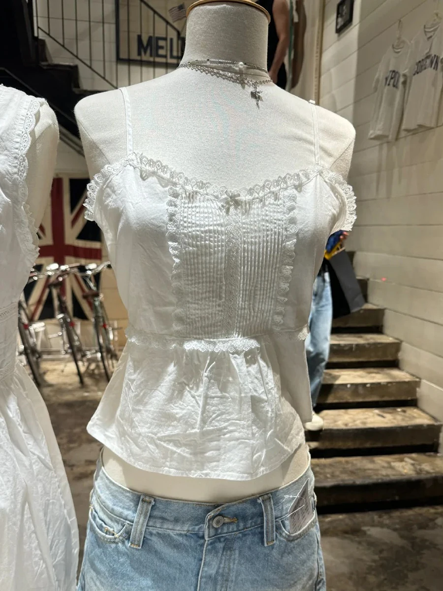 Lace Trim Sweet Slim Crop Top Women Summer Back Lace-up Cotton Sleeveless Camisole Vintage Preppy Style White Tank Tops Y2k New