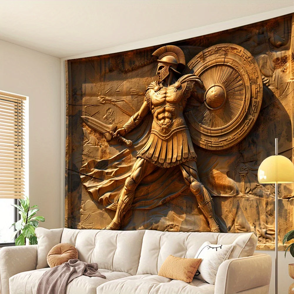 نسيج حائط ثلاثي الأبعاد Vintage Spartan Warrior - تصميم الدرع والسيف، ديكور بوليستر لغرفة المعيشة وغرفة النوم والمكتب