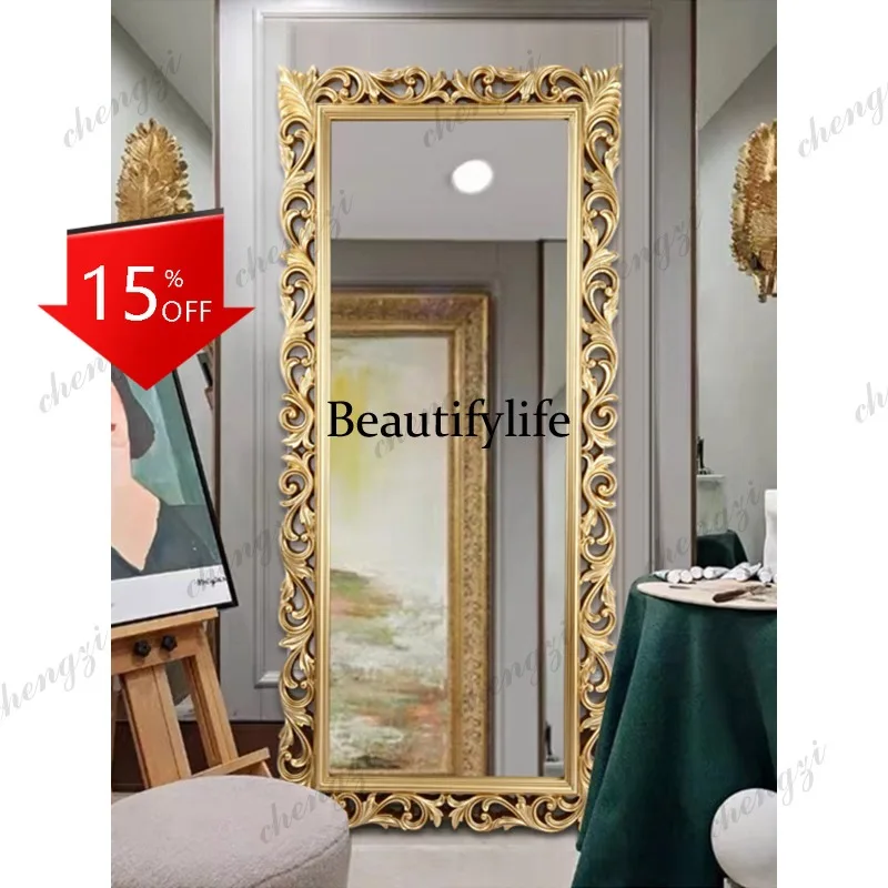 D80 European retro carved full-length mirror  wall-mounted full-length mirror floor-to-ceiling clothing store fitting mirror