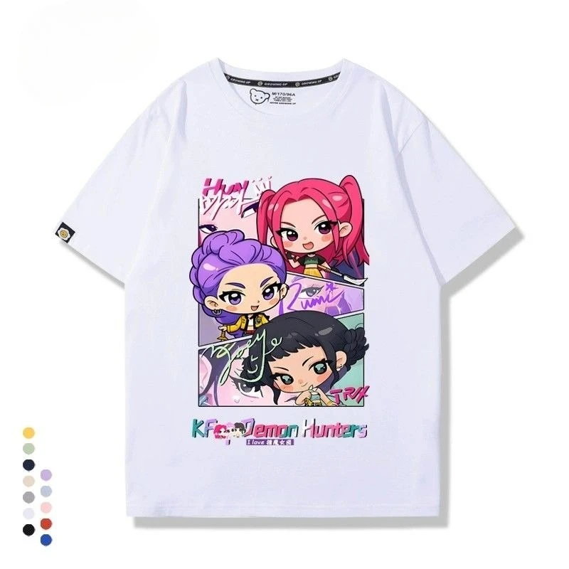 KPop Demon Hunters Top Rumi Zoey Mira Cosplay Child Women Men Summer Cotton T-shirt Cartoon Figure Clothing Black White Tees