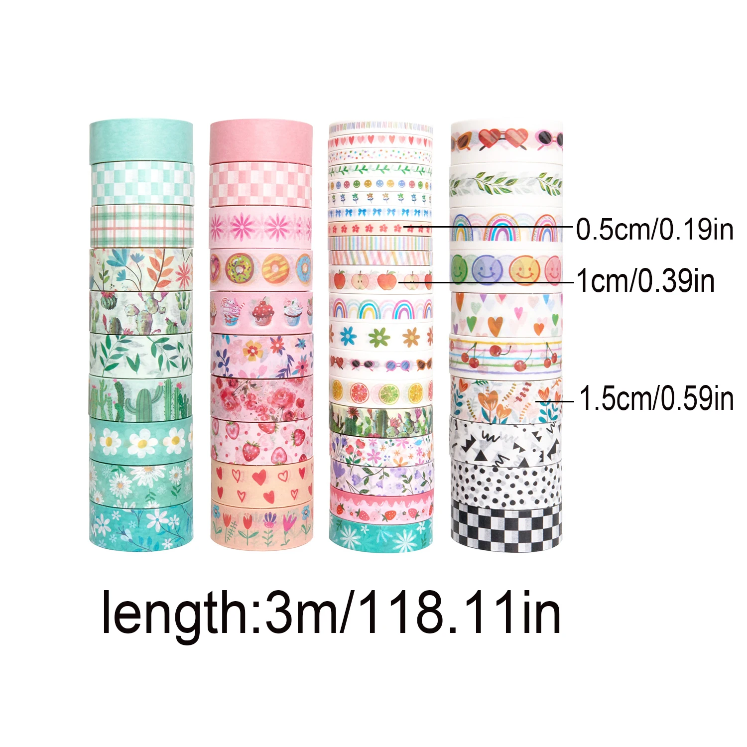 50 Rolls Cute Sweet Washi Tape Set, 3 Widths 0.5cm 1cm 1.5cm 3m Pastel For Journal Scrapbook Diy Craft Gift Wrap Home Decor