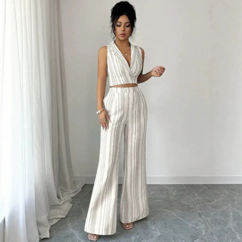 Summer New Striped 2 Piece Set Elegant Vacation Textured Outfit Women EU US Style