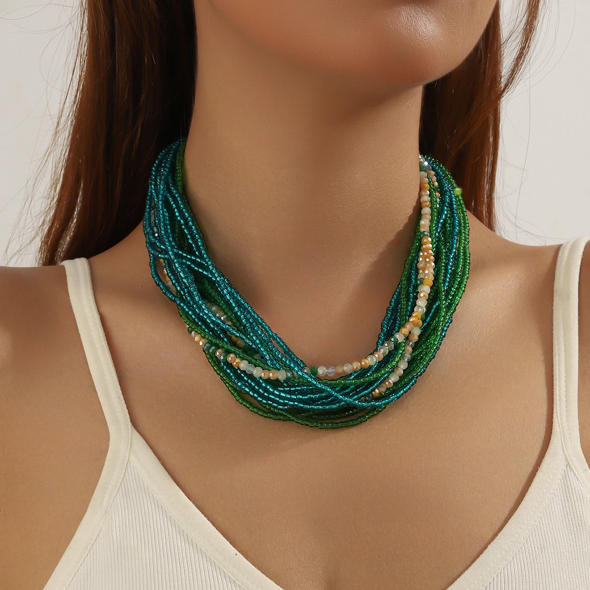 Bohemian Style, Sexy and Elegant, Simple Multi-Layered Glass Bead String Necklace for Ladies. Women's Jewelry. Suitable for Dail