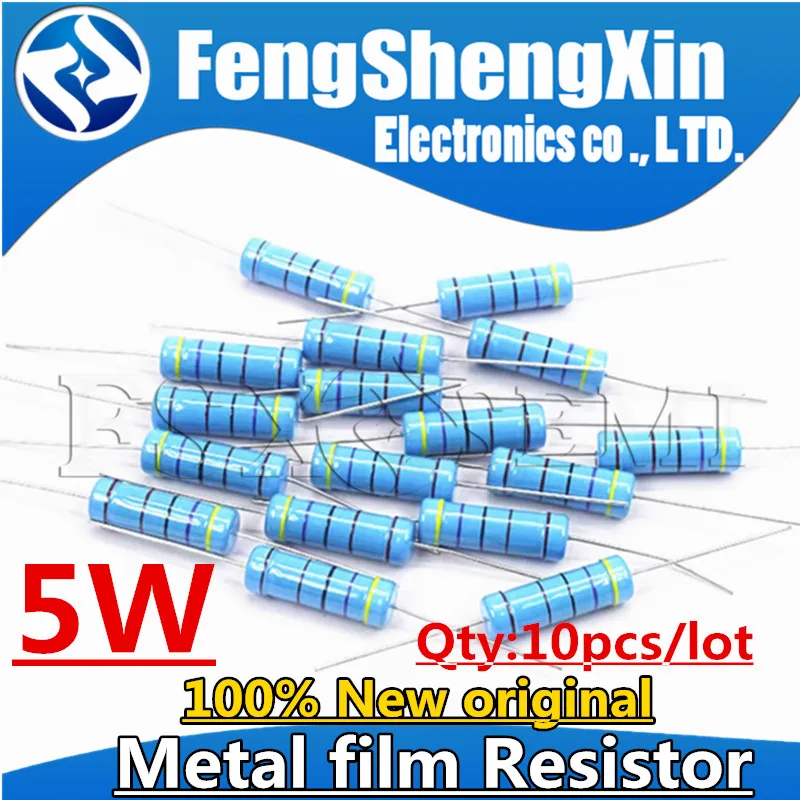 Resistencia de película de Metal, 5W, 1%, 0.1R ~ 10M, 1K, 1,2, 1,3, 3,3, 10, 22, 33, 120, 360, 18, 390, 470, 82 R K ohm, 10K, 100K, 1M, 10 unidades por lote