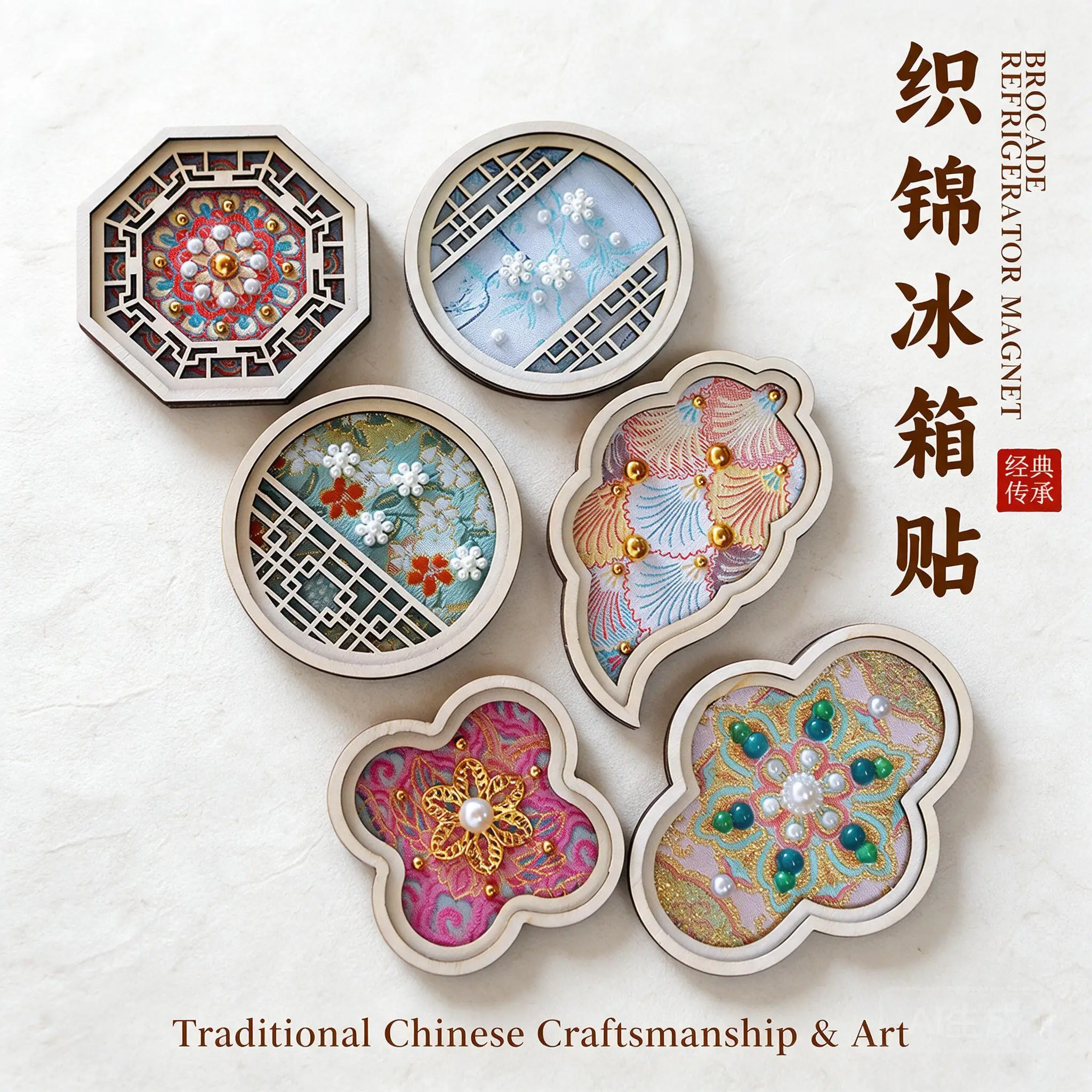 Chinese Traditional Brocade Diy Fridge Magnet Kit Handmade Pearl Beaded Refrigerator Magnet For Team Building Warm Up Home Decor