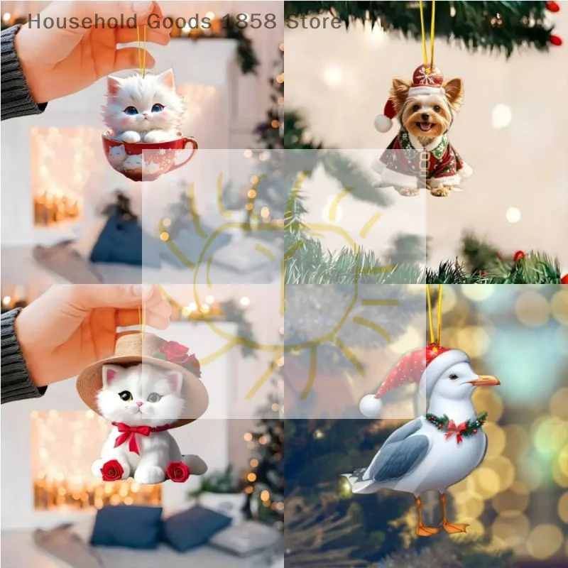 2D Christmas Tree Pendant 2D Flat Acrylic Xmas Tree Hanging Ornaments Cartoon Home Decor New Year Christmas Gifts